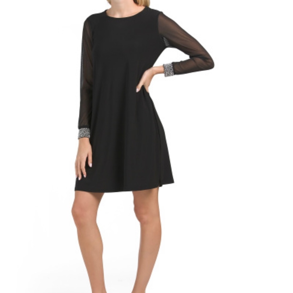 Black Mesh Sleeve A-Line Dress with Embellished Cuffs